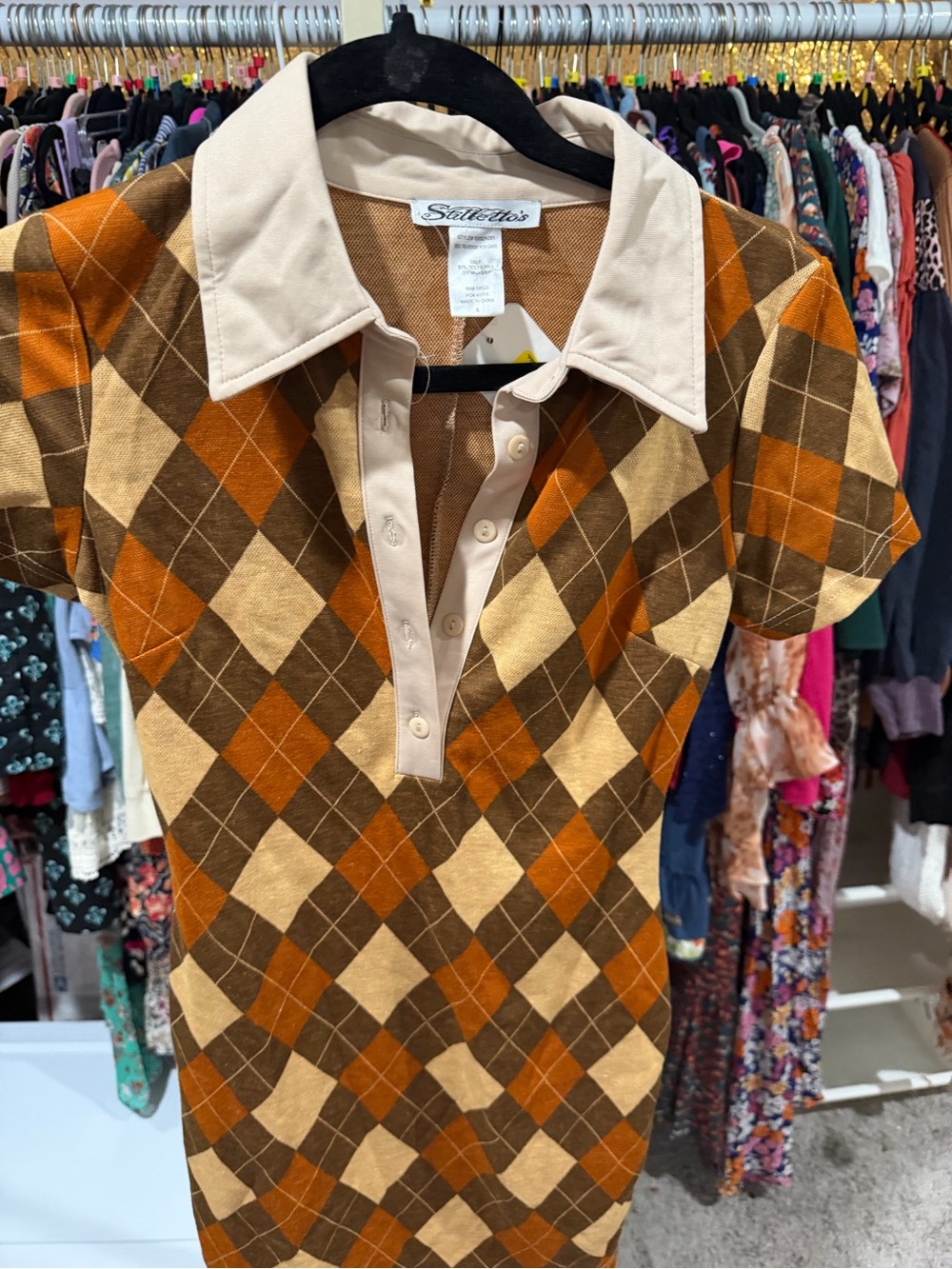 Sallette's Argyle Knit Polo Dress in Brown & Tan
